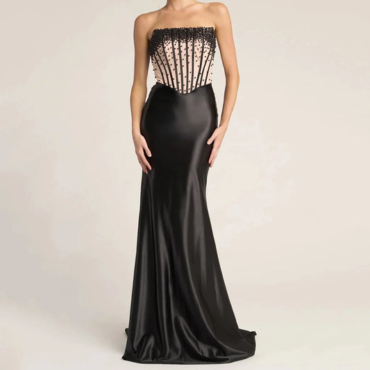 Beaded Backless Mermaid Evening Gown | Strapless Sleeveless Floor-Length Prom Dress Luxegan