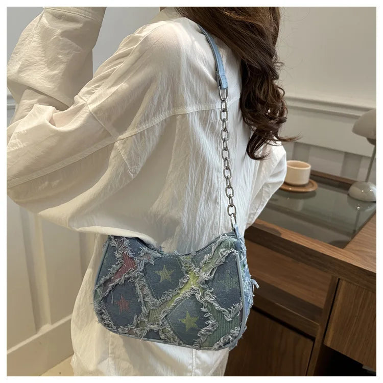Casual Star Denim Shoulder Bags for Women | Plaid Tassel Cool Hot Girls Underarm Phone Bag - view 3