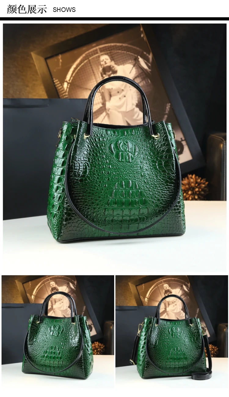 Genuine Leather Crocodile Print Bucket Bag | Vintage Tote & Messenger Luxegan