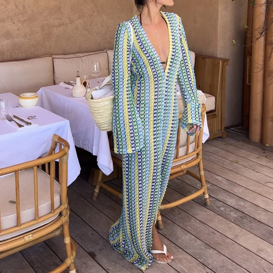 Crochet Hollow-Out Stripe Maxi Dress – Flare Sleeve, Deep V-Neck, Split Hem Luxegan