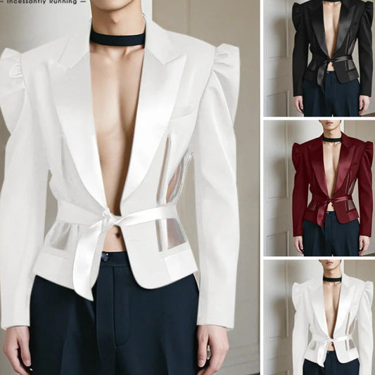 Patchwork Mesh Design Blazer | Sophisticated Splicing Clubwear Silhouette | Elegant "Single Button" Summer Suit Coat | "Dignified" Solid Long-Sleeved Blazer for Radiant Versatile Styling Luxegan