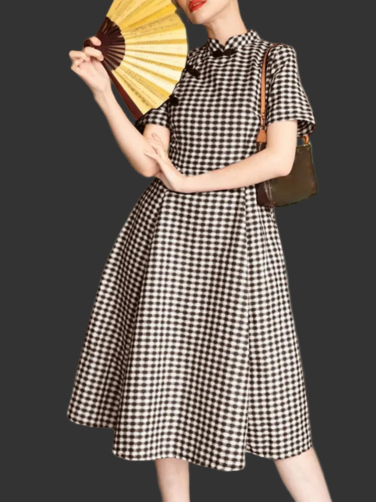 Plaid Stand Collar Short Sleeve Frog Button Regular Fit A-Line Mid-Calf Dress – Empire Waist, Summer Luxegan
