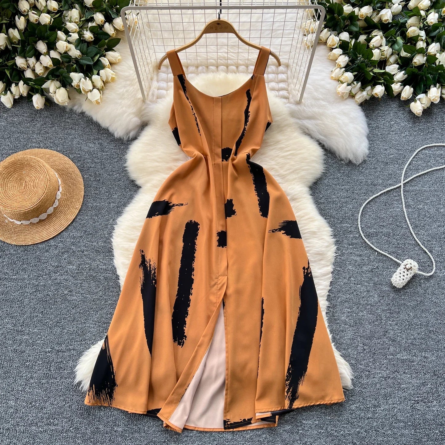 Women's Elegant Summer Print Midi Sundress | Sweet O-Neck Backless Vacation Beach Dress | High Waist Split Regular Fit Camisole Gown | Premium Tatting A-Line Spaghetti Strap Luxegan