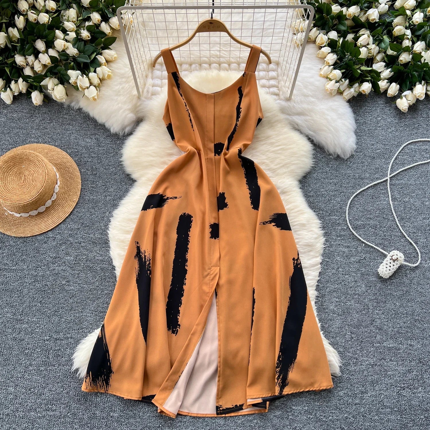 Women's Elegant Summer Print Midi Sundress | Sweet O-Neck Backless Vacation Beach Dress | High Waist Split Regular Fit Camisole Gown | Premium Tatting A-Line Spaghetti Strap Luxegan