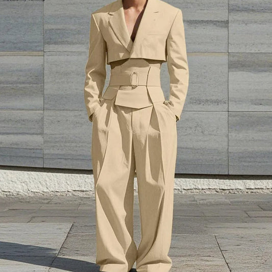 Cropped Waistband Design Suit Set | Sophisticated Wide-Leg Long Pant Silhouette | Elegant "Full Opening" 2-Piece Ensemble | "Dignified" Vintage Solid Suit for Radiant Versatile Styling Luxegan