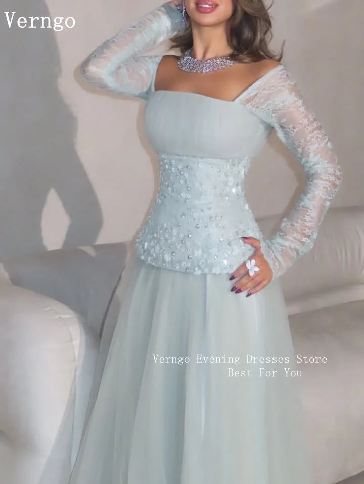 Verngo Mint Green Tulle Evening Dress Sequined Square Collar Full Sleeves A Line Prom Gowns Saudi Arabia Party Dress Customized