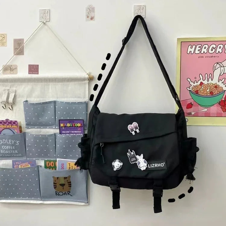 Messenger Bag Japanese Handbags School Korean Single Shoulder Bag | Girl Student Hong Kong Style Retro Large Capacity Postman Women's Luxegan