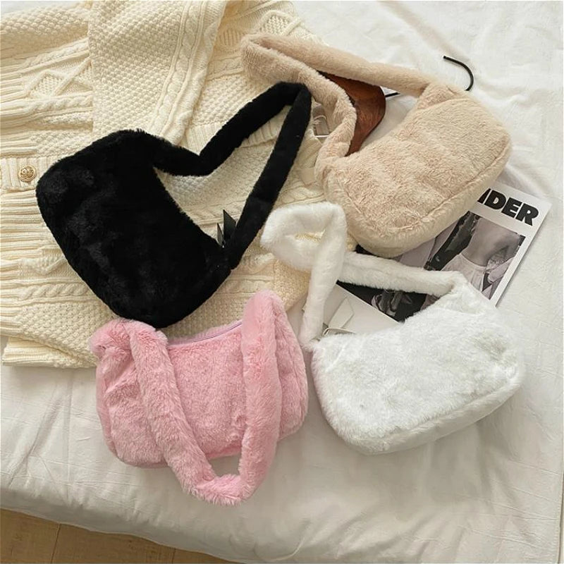 Simple Design Women's Soft Plush Hobo Shoulder Bag | Winter Furry Ladies Clutch Purse & Handbag (Fashion Female Underarm Bag) Luxegan
