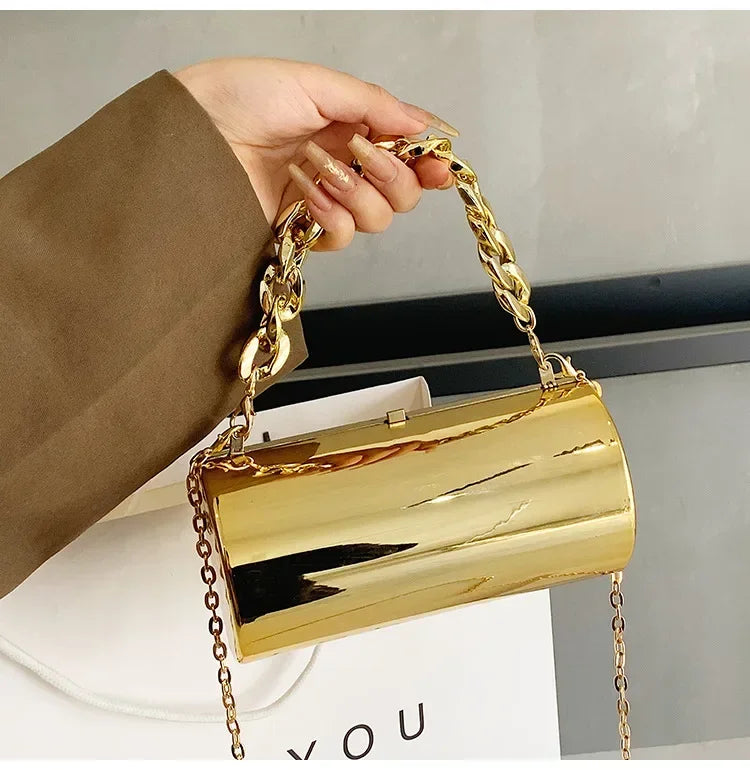 Hard Luxury Gold Cylinder Clutch | Metallic Crossbody Mini Evening Bag Luxegan