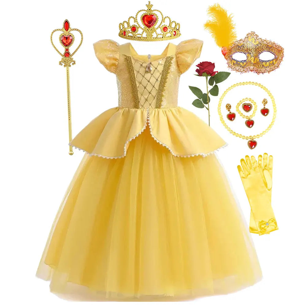 Deluxe Belle Princess Costume for Girls | Beauty and the Beast Inspired Mesh Party Dress | Elegant Square-Neck Sleeveless Mid-Calf Christmas Ball Gown with Accessories Luxegan