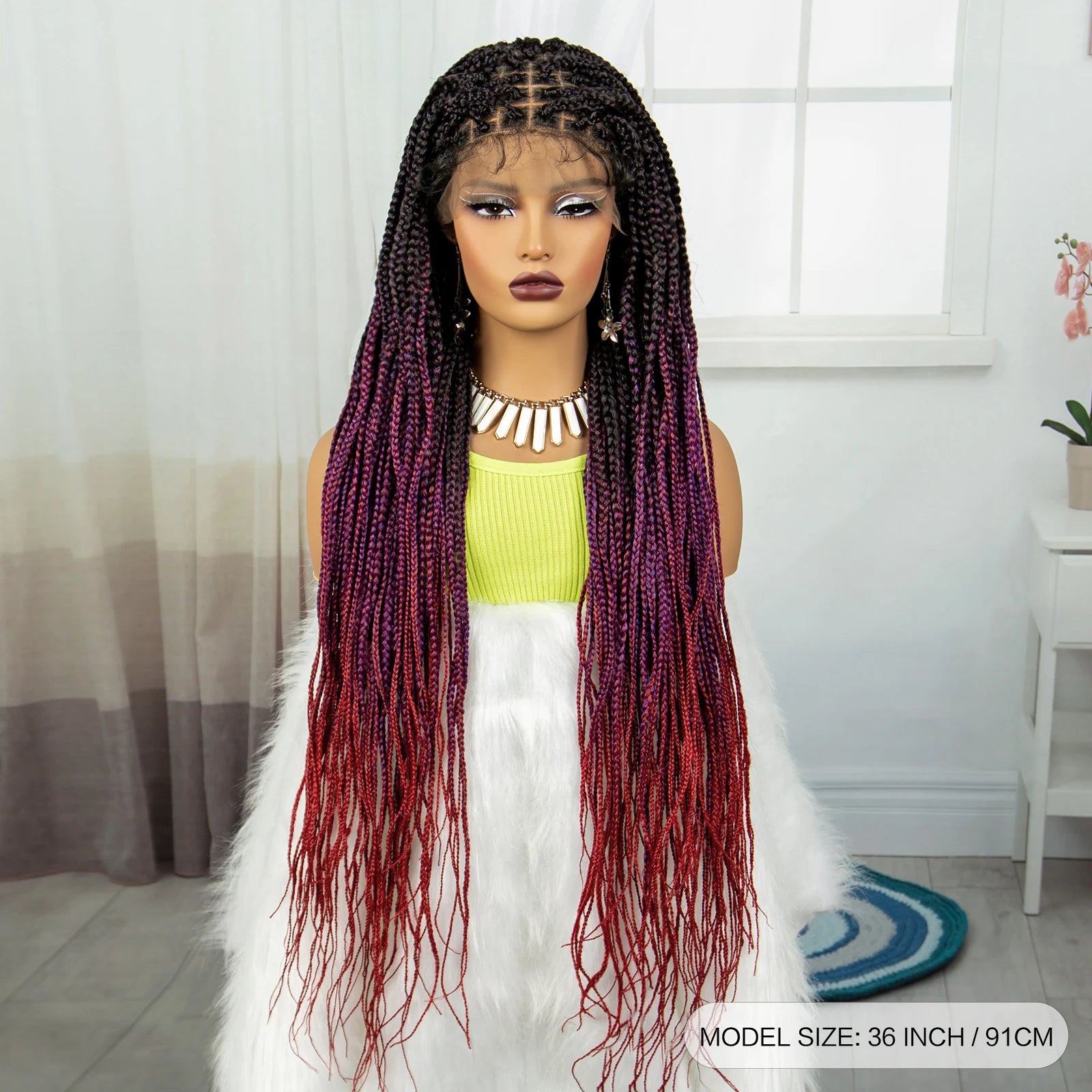 36" Burgundy Knotless Box Braids Wig | 9x6 Lace Front | Baby Hair Luxegan