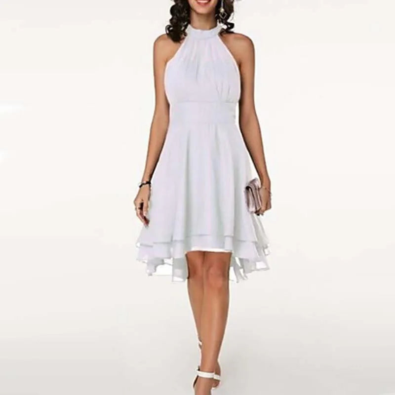 Solid Halter Sleeveless Gauze Overlay Slim Fit A-Line Mid-Calf Dress – Natural Waist, Summer Luxegan