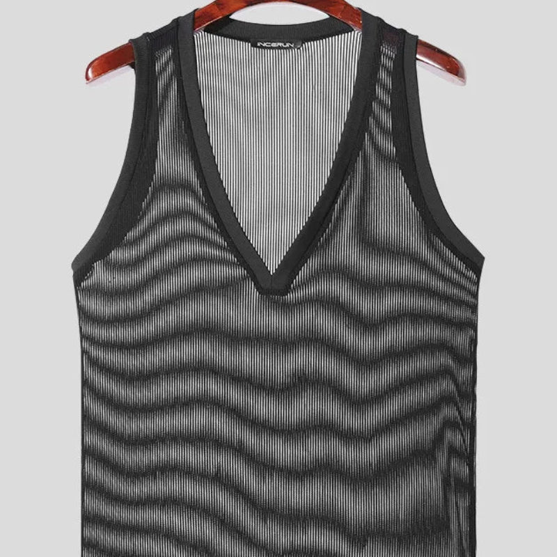 Men’s Handsome Deep V Knitted Tank Top | Sophisticated "Vertical Stripe" Hollow Silhouette | Elegant Leisure Streetwear Thin Vest | "Dignified" High-Performance Summer Knitwear for Radiant Versatile Styling Luxegan