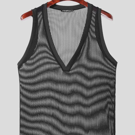 Men’s Handsome Deep V Knitted Tank Top | Sophisticated "Vertical Stripe" Hollow Silhouette | Elegant Leisure Streetwear Thin Vest | "Dignified" High-Performance Summer Knitwear for Radiant Versatile Styling Luxegan