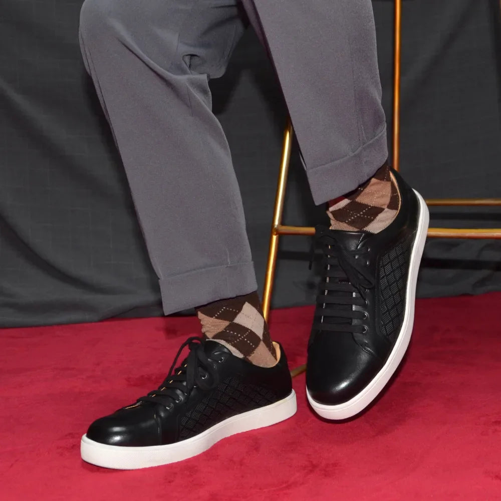Luxury Designer Men's Genuine Leather Skateboard Sneakers | Classic Black, White & Brown Lace-Up Casual Oxfords Luxegan