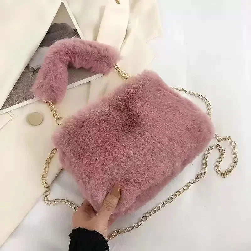 Fashion Women's Fluffy Shoulder Bag | Female Winter Chain Underarm Bag & Soft Plush Handle Handbag (Solid Color) Luxegan