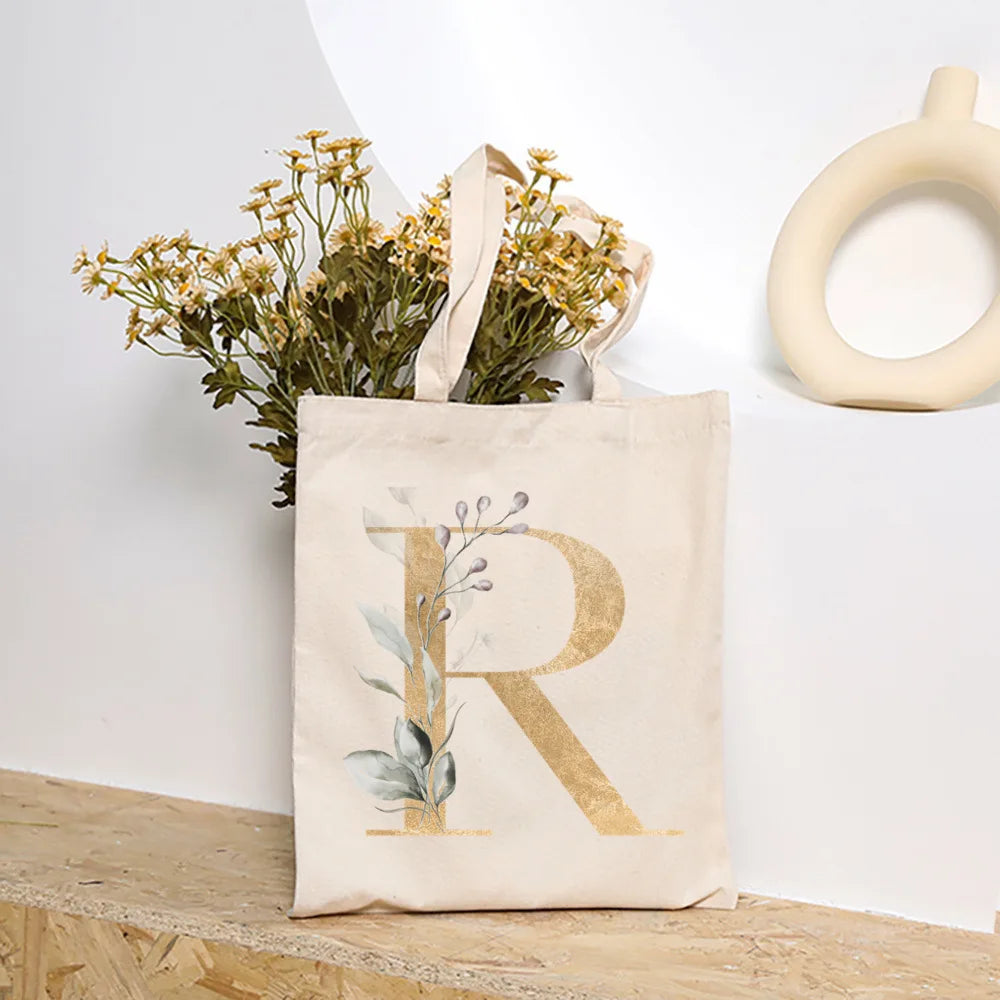 Leaves Plant Initial Print Canvas Tote Bag | Reusable Summer Beach & Shopping Handbag with Hasp Closure Luxegan