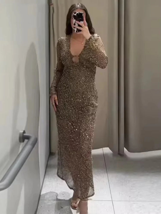 Sequin Pleated Maxi Dress | Deep V-Neck Long Sleeve See-Through Party Evening Gown Luxegan