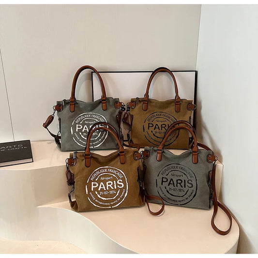 Large Women Stylish Crossbody Bag | Retro Canvas Tote Bag & Vintage Paris Stamp Print Luxegan