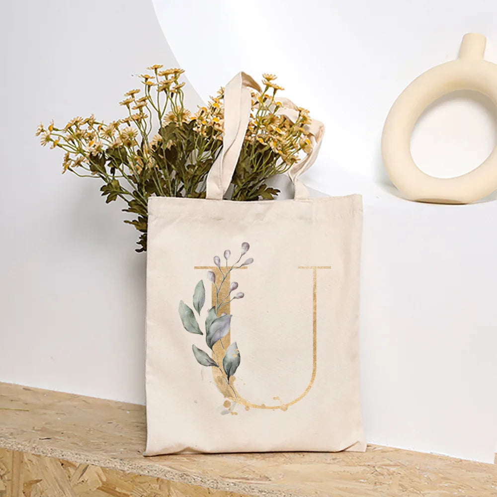 Leaves Plant Initial Print Canvas Tote Bag | Reusable Summer Beach & Shopping Handbag with Hasp Closure Luxegan