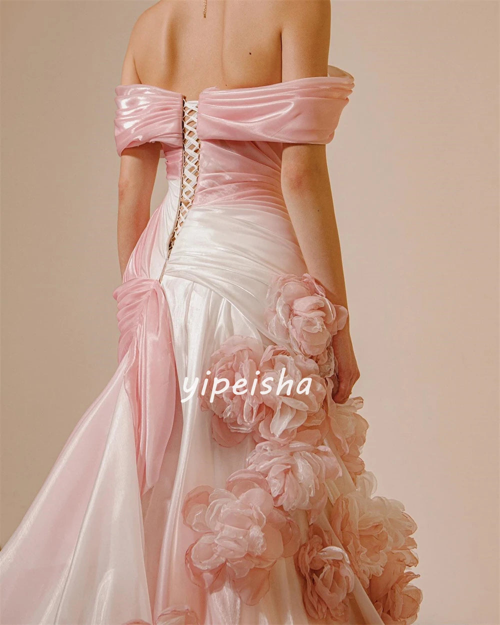 Customized Satin Flower Ruched A-line Off-the-shoulder Long Dresses Celebrity Dresses Unisex Chinese Style Formal Casual Simple
