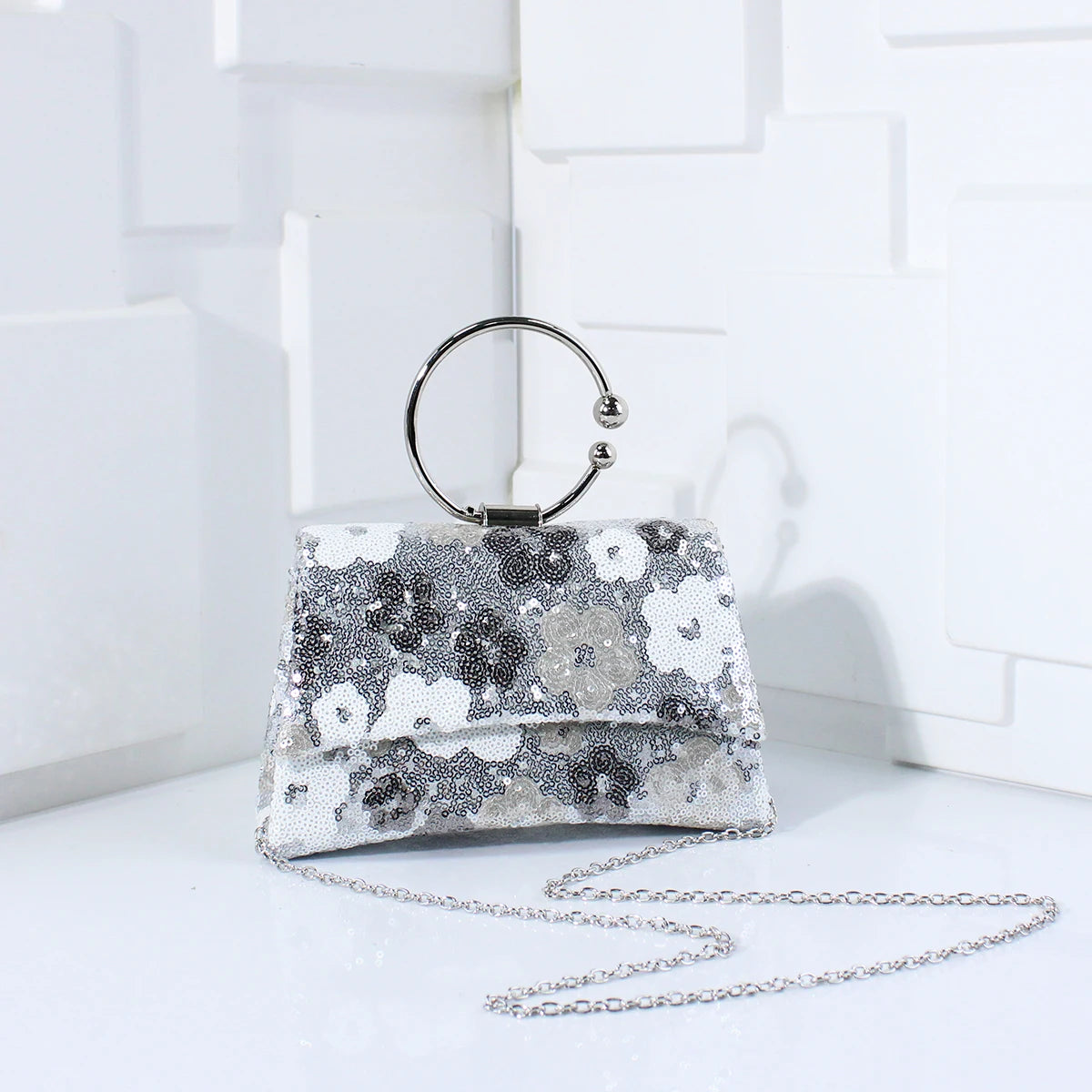 Metal Top Handle Clutch with Sequins & Flowers | Versatile Chain Shoulder Bag for Women Luxegan
