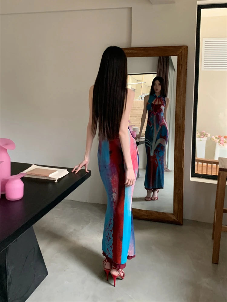 Women's Designer Floral Summer Midi Dress | Elegant Mandarin Collar Sleeveless A-Line Gown | Premium Patchwork Bodycon Tunic Party Dress | Regular Fit Mid-Calf Empire Waist Vestido Luxegan