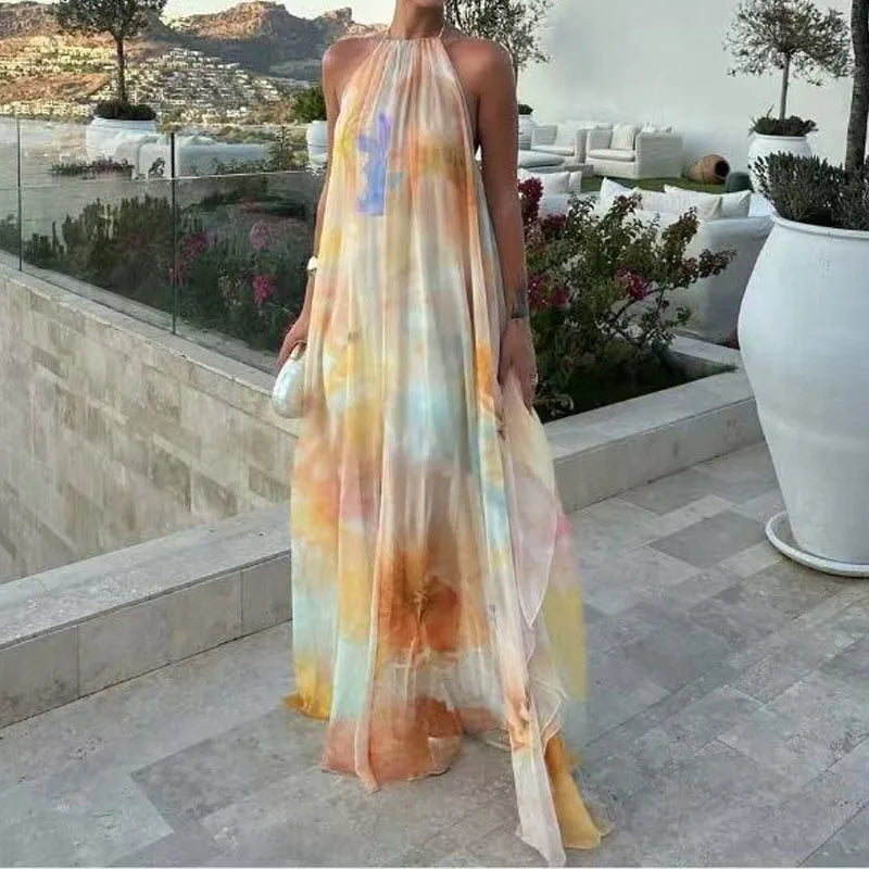 Printed Halter Neck Loose Maxi Dress – Backless, A-Line, Bohemian, All Season Luxegan