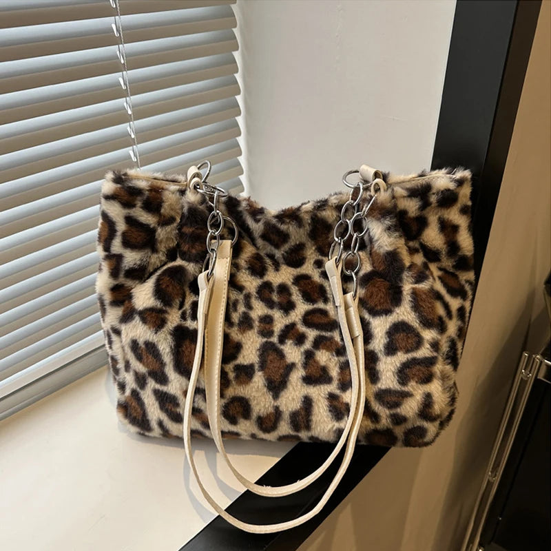 National Style Simple Women's Leopard Tote Bag | Lady Luxury Fluffy Shoulder Bag & Chain Large Capacity Commuter Handle Bag Luxegan