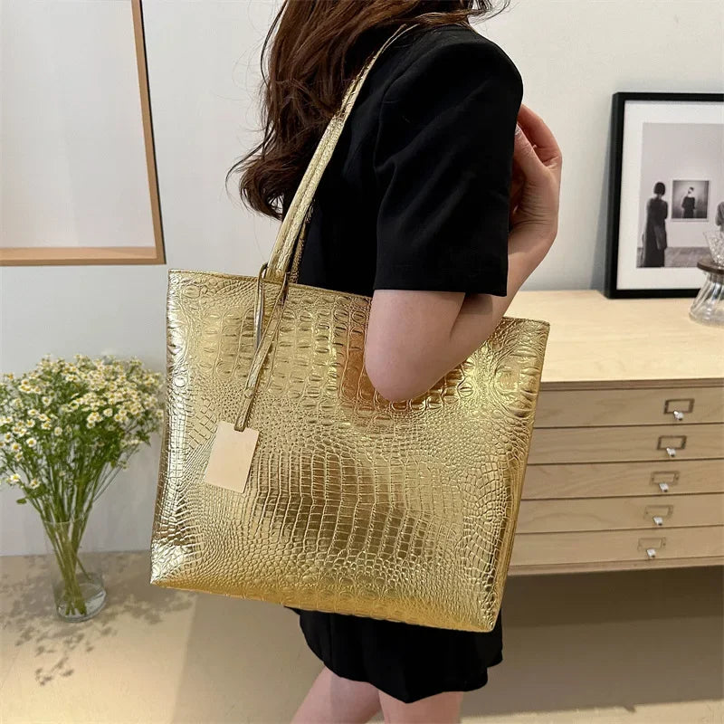 PU Leather Crocodile Casual Tote | Soft Silver/Gold/Black Big Shoulder Bag Sac Luxegan