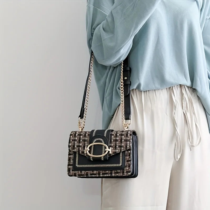 Chic Mini Plaid Tweed Crossbody Bag with Adjustable Strap Luxegan