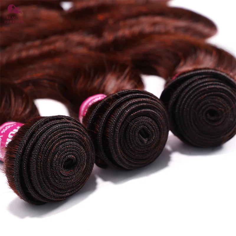 Grade 12A Reddish Brown Brazilian Body Wave Hair System | Autumn-Inspired Copper Tone 3 Bundles Pack | Professional 4x4 Transparent Lace Closure | Premium Remy Human Hair Weft Collection for Full-Volume Custom Installs Luxegan