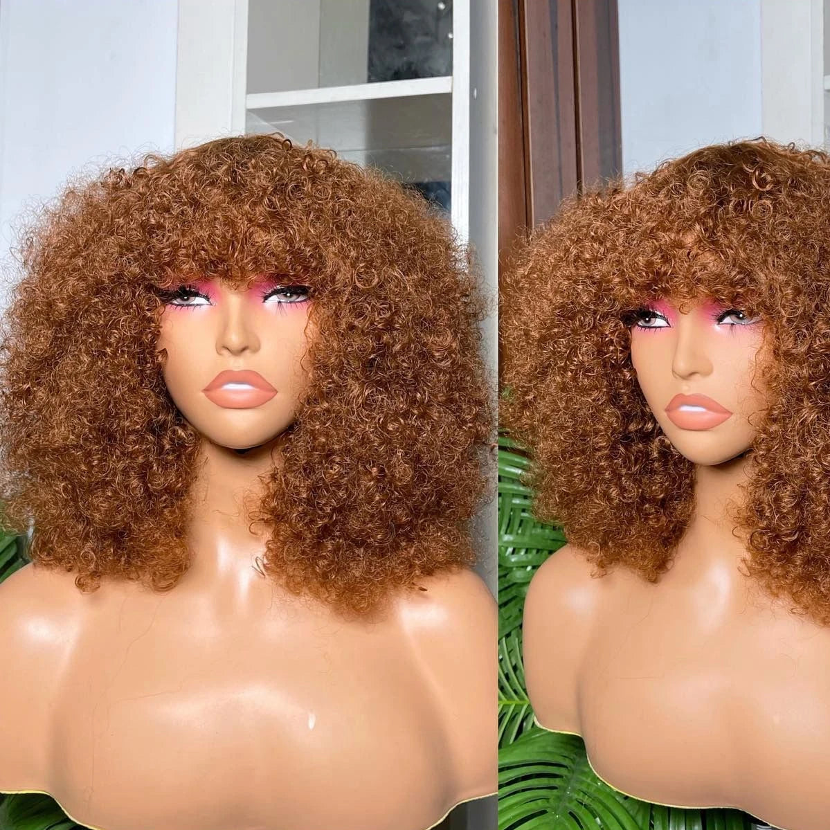 Ginger Honey Blonde Jerry Curly Short Pixie Bob Cut Wig with Bangs - Full Machine-Made Glueless Human Hair Wig - 100% Brazilian Remy Orange Brown Fringe Wig for Black Women (4-16 Inch) Luxegan