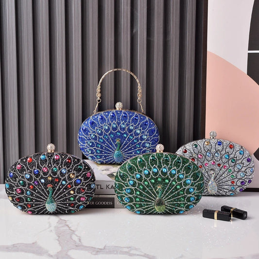 New Peacock Pattern Diamond Evening Bag | Luxury Rhinestone Evening Clutch & Purse | Sparkling Sequined Shell Handbag | Elegant Party Shoulder Bag for Women Luxegan