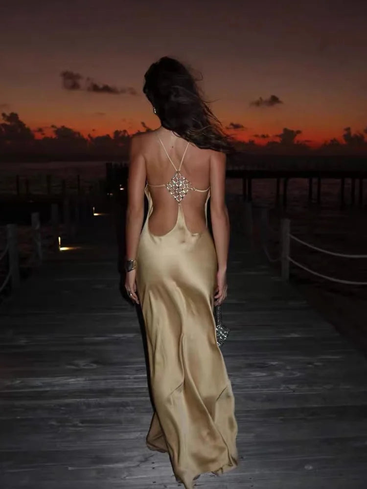 Backless Satin Sleeveless Slash Neck Slim Midi Dress | Sexy Elegant Beach Vacation Summer Dress Luxegan