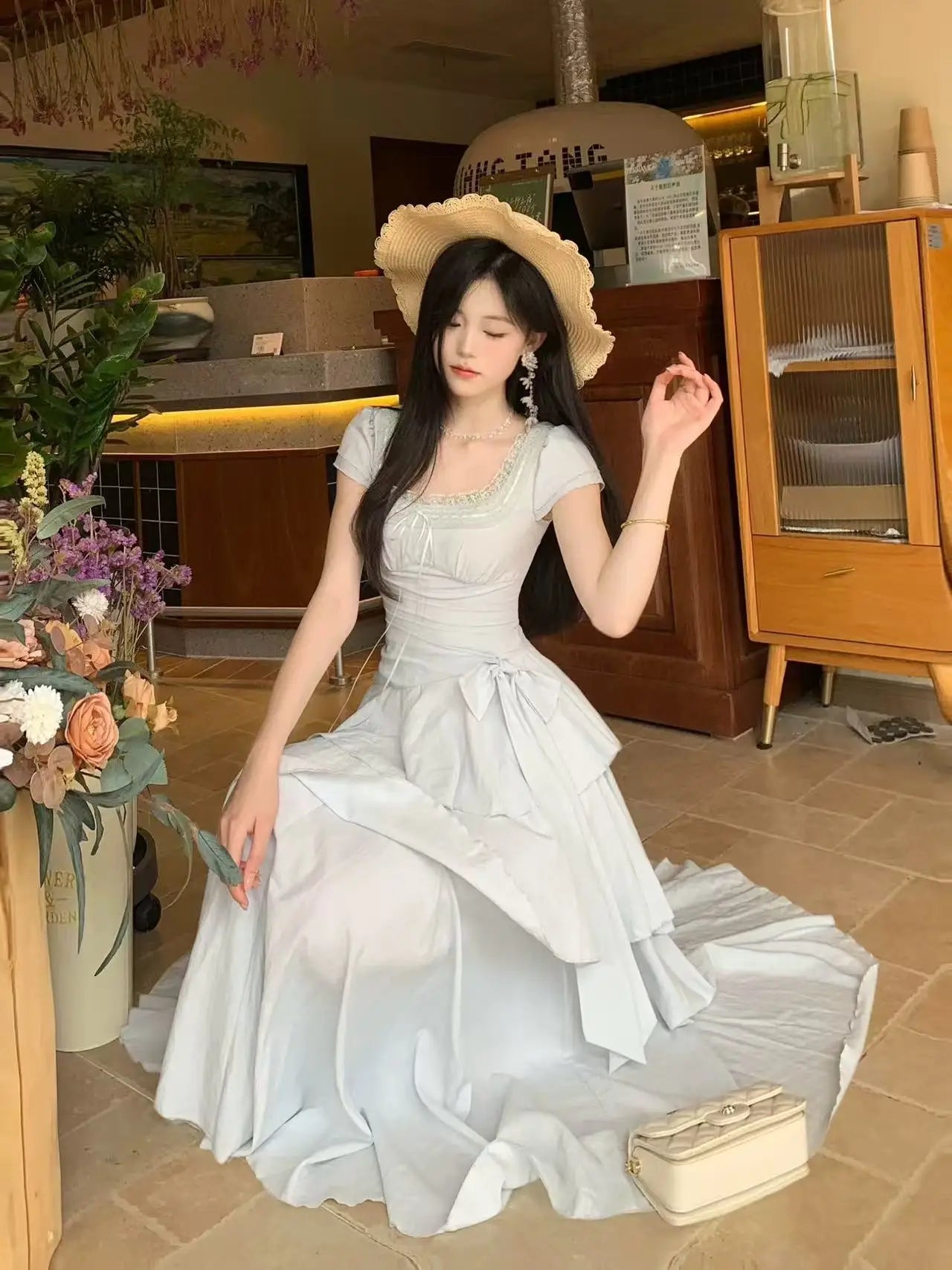 Women's Elegant Vintage Summer Midi Dress | Sweet Korean Style Irregular Evening Gown | Slim Fit A-Line Short Puff Sleeve Vestido | Premium Cotton Blend Bow Neckline Dress Luxegan
