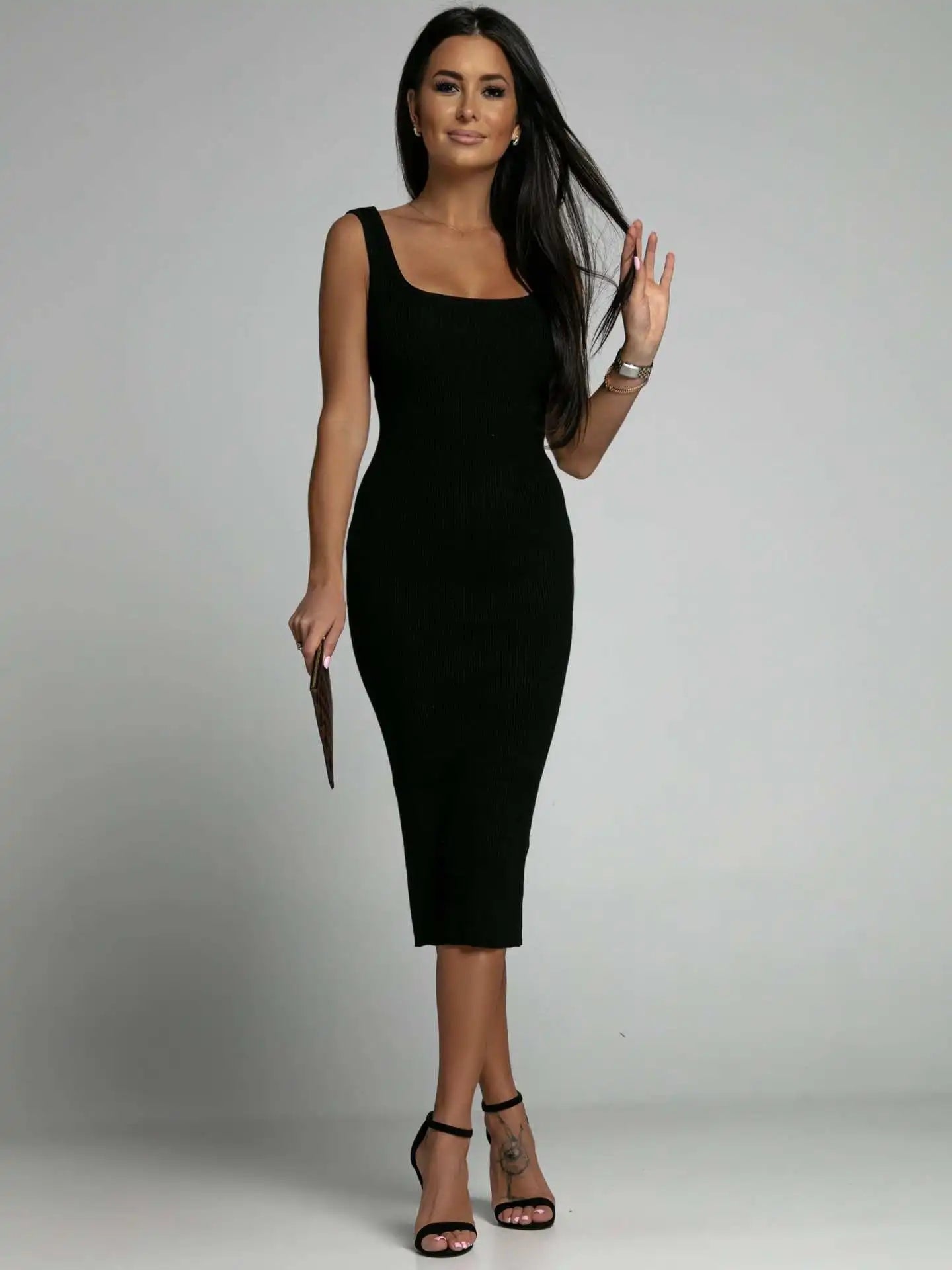 Summer White Ribbed Bandage Dress for Women | Sexy Elegant Skinny Long Dress | Premium Medium-Stretch Mid-Calf Sheath Dress | Model ST22037 Slim Fit Knit Office Lady Female Clothing Luxegan