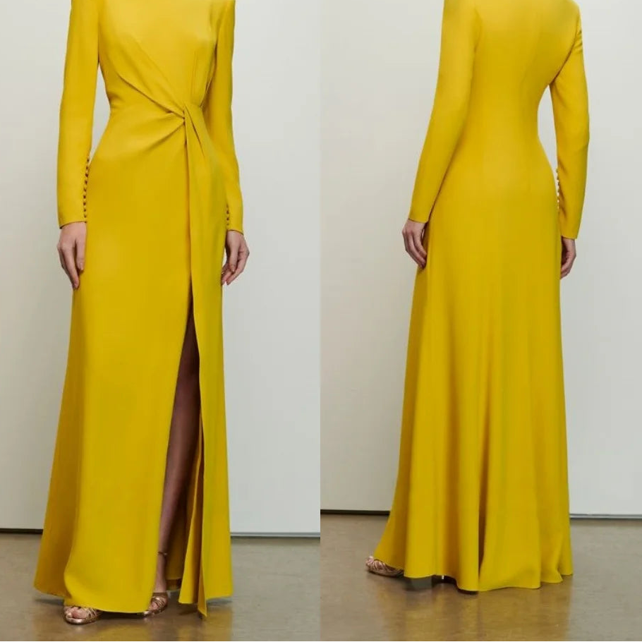 Vivid Yellow Satin Mermaid Prom Dress | Elegant Round-Neck Long-Sleeve Formal Gown | Classic Front-Twist Floor-Length Dress with High Slit and Sweep Train Luxegan