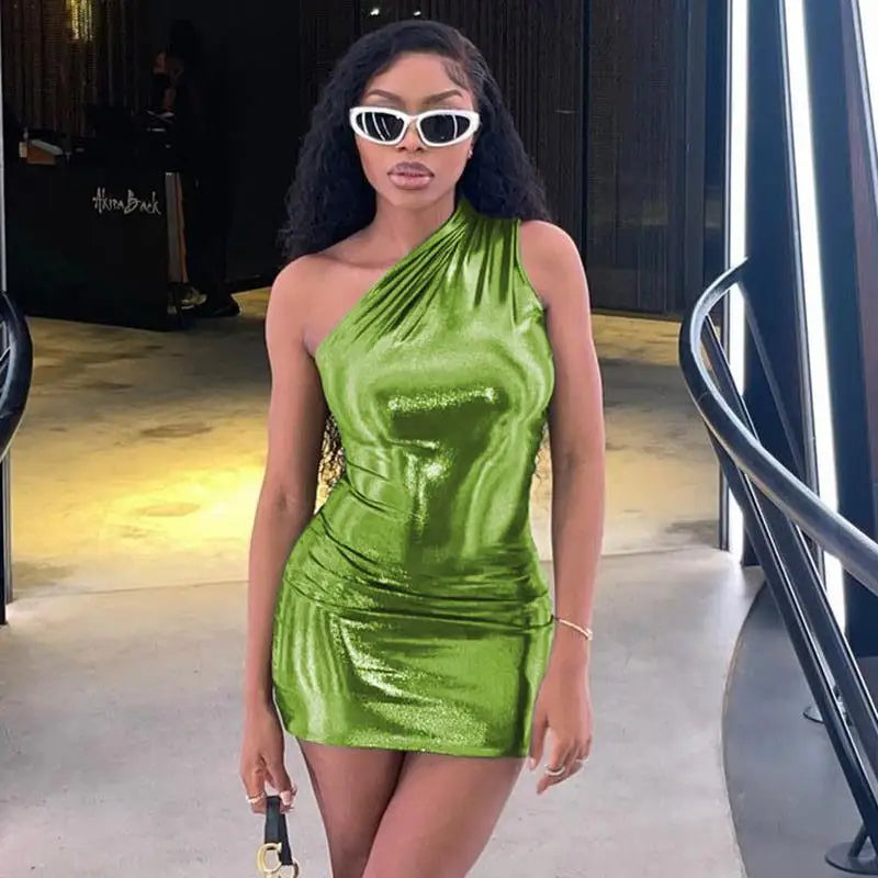 Solid Asymmetric One-Shoulder Sleeveless Slim Fit A-Line Mini Dress – High Stretch Polyester, Empire Waist, Summer