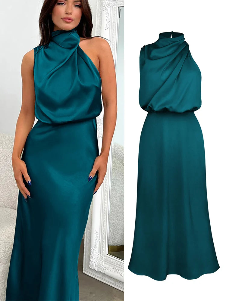 Women's Summer High-End Silk Satin Long Dress | Elegant Celebrity Evening Gown | Luxury Scarf Collar Sleeveless Party Dress | Premium Knit Asymmetrical Slip Maxi Robe Luxegan