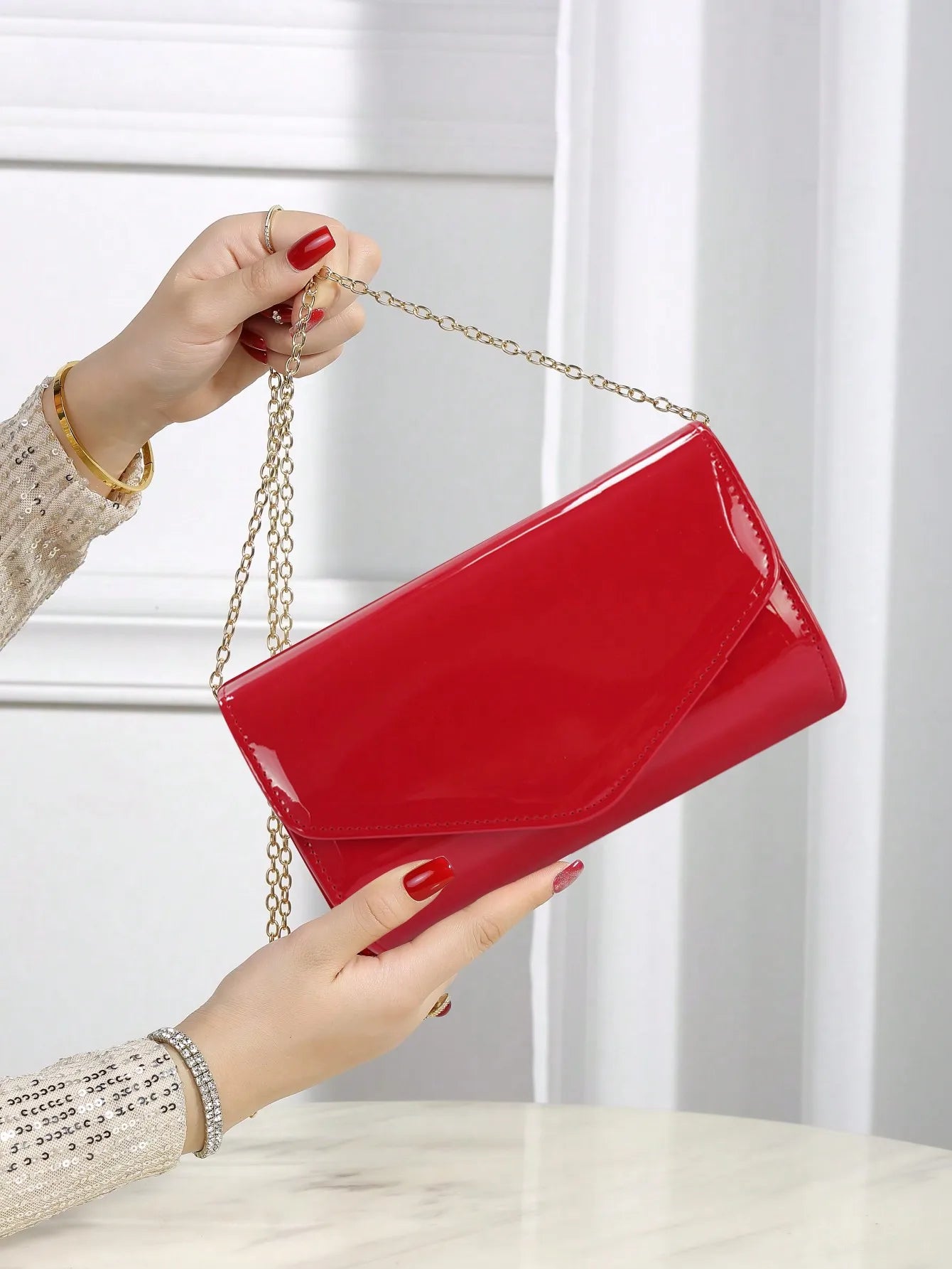 PU Leather Solid Clutch Bag | Hard Elegant Chain Crossbody Square Bag Luxegan