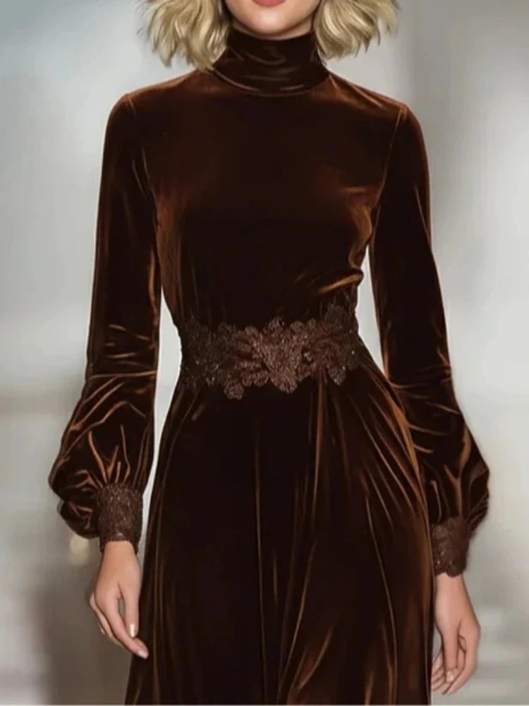 Solid Turtleneck Full Lantern Sleeve Lace Hem Detail Regular Fit A-Line Ankle-Length Dress – Empire Waist, Spring/Autumn Luxegan