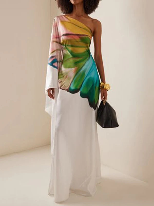 Flower Printed Elegant Evening Dress | Sophisticated One-Shoulder Maxi Silhouette | Elegant "Ankle-Length" High Waist Gown | "Dignified" Asymmetrical Pleated Design for Radiant Versatile Styling Luxegan