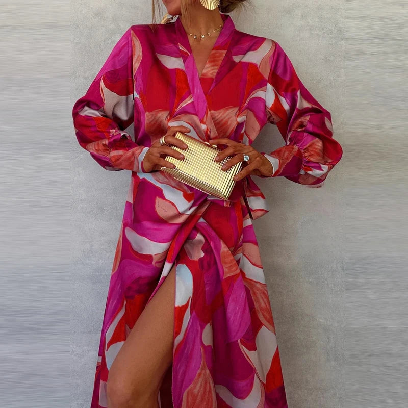 Print V-Neck Lantern Sleeve Lace-Up Slim Fit Asymmetrical Ankle-Length Dress – Spring/Summer Luxegan
