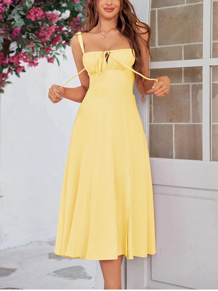 Summer Sweet Solid Camisole Long Dress | Elegant Padded Boned Party Robe | Sleeveless Square-Neck Medium-Stretch Fit & Flare Midi Dress Luxegan