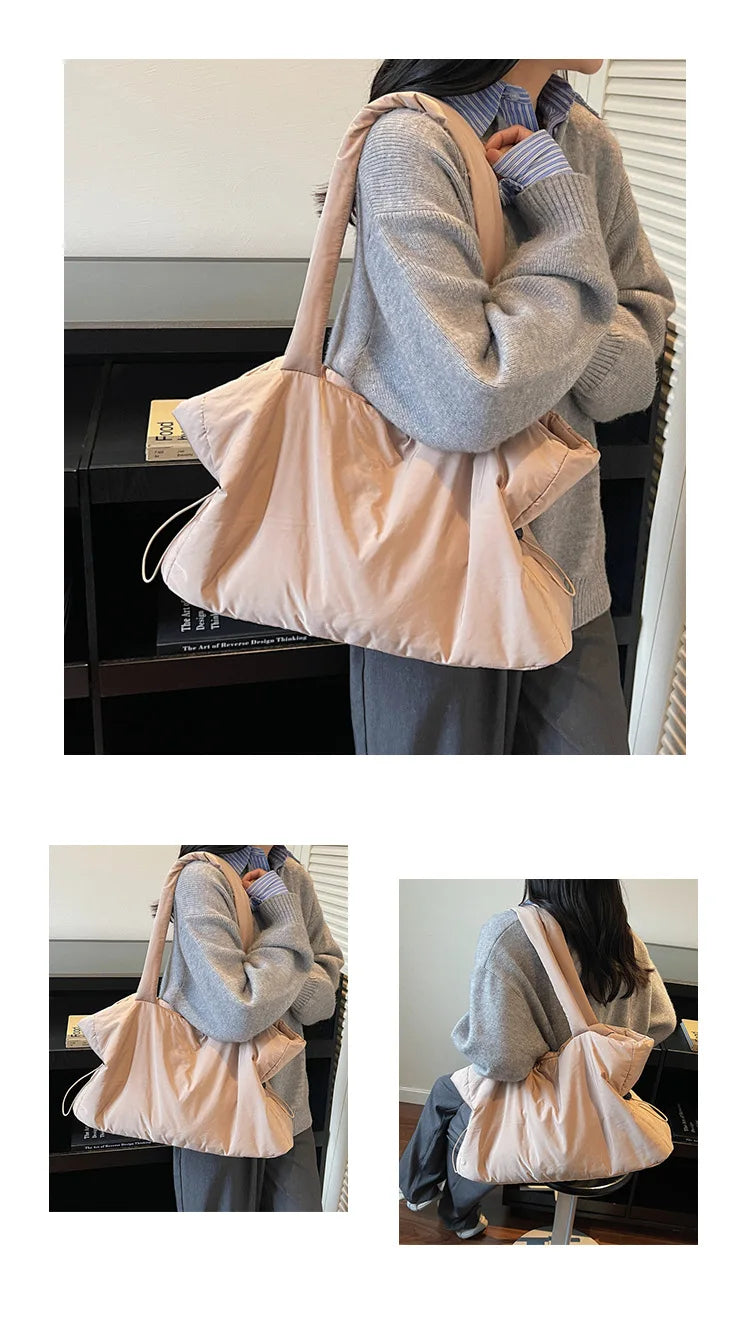 Fashion Winter Large Shoulder Bag | Simple & Practical Nylon Shopping Tote | Textured Casual Commuting Bag with Embroidery & Lace Detail Luxegan