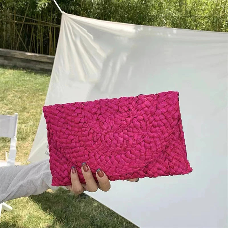 Artisan Corn-Husk Weave Dinner Clutch | Sophisticated Simple Straw Summer Purse | Elegant Embroidered Vacation Handbag | "Dignified" Soft Satchel Wallet for Versatile Seasonal Styling Luxegan