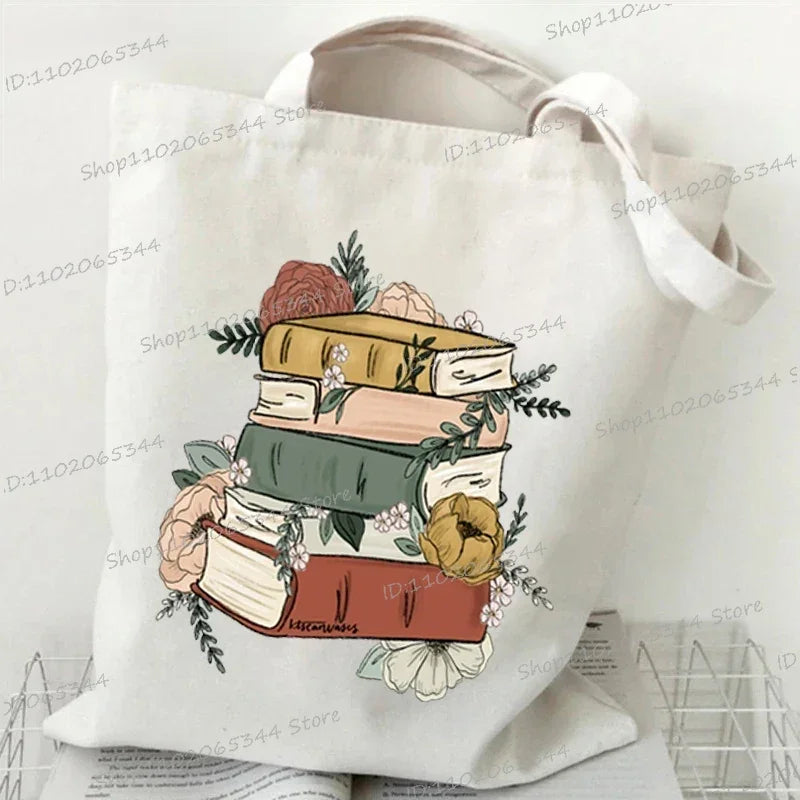 Books and Flower Print Canvas Tote | Casual Reusable Shopping Bag Luxegan