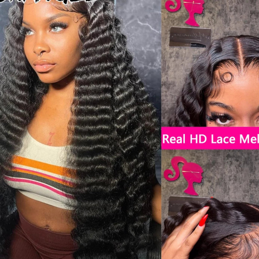 Deep Wave 13x6 HD Lace Frontal Wig | 250% Density Jet Black Human Hair Wig | Premium Brazilian Remy Hair Wet and Wavy Gown | Transparent Swiss Lace Skinlike Natural Hairline Long Wigs Luxegan