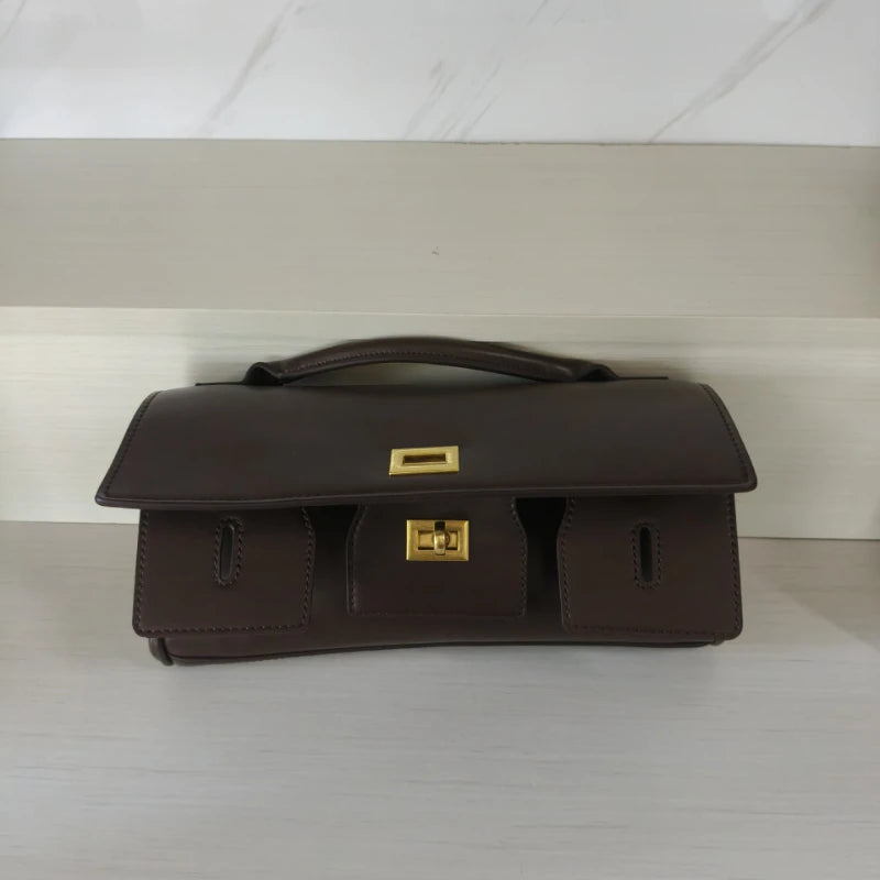 Genuine Leather Solid Satchel | Soft Black Lock Design Shoulder Crossbody Bag Luxegan